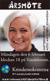 Årsmöte. Partisekreterare Acko Ankarberg Johansson. Måndagen den 6 februari klockan 18 på Vandalorum. Kristdemokraterna - ett mänskligare samhälle