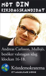 Möt din riksdagskandidat. Andreas Carlson, Mullsjö, besöker valstugan idag klockan 16-18.