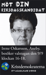Möt din riksdagskandidat. Irene Oskarsson, Aneby, besöker valstugan den 9/9 klockan 16-18. Kristdemokraterna - ett mänskligare Sverige.