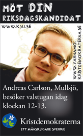 Möt din riksdagskandidat. Andreas Carlson, Mullsjö, besöker valsyugan idag klockan 12-13. Kristdemokraterna - ett mänskligare Sverige.