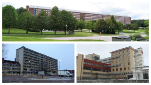 Collage av bilder på länets tre sjukhus där vi vill se en central sängtvätt.
