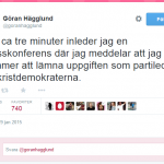 Göran Hägglund släppte nyheten om sin avgång direkt på Twitter.