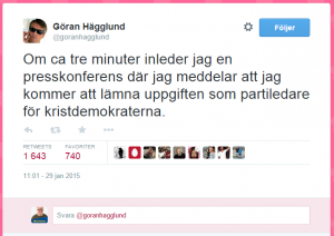Göran Hägglund släppte nyheten om sin avgång direkt på Twitter.