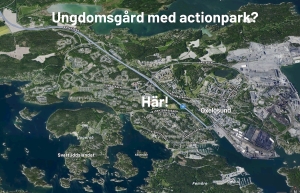 Flygfoto över Oxelösund som visar nästan hela kommunen. En rubrik överst säger "Ungdomsgård med actionpark?" och mitt i bilden, vid Ramdalens IP står ordet "Här!"