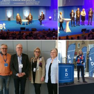 Dag två på KD-dagarna började fantastiskt bra med att Markus Jonsson initierat intervjuade två av den skandinaviska kristdemokratins giganter - Alf Svensson och Kjell Magne Bondevik. De har båda varit med om att vända till synes hopplösa opinionslägen till jordskredssegrar i valet. Räkna aldrig ut ett gäng taggade kristdemokrater i förväg! Ebba Busch Thor presenterade partiets frontpersoner inom de viktigaste politikområdena inför valet. Stolta konstaterar vi att fyra av de fem har sina rötter i vårt partidistrikt. Som avslutning på detta inspirerande dygn fick vi höra henne hålla sitt första valtal i årets valrörelse - snacka om en bra start på valrörelsen! Over and out från Arnold Carlzon, Håkan Johansson, Camilla Rinaldo Miller, Lena Freij och Torbjörn Eriksson - nuuuuu kööör vi! (Foto: Håkan Johansson)