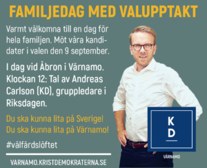 FAMILJEDAG MED VALUPPTAKT. Varmt välkomna till en dag för hela familjen. Möt våra kandidater i valen den 9 september. I dag vid Åbron i Värnamo. Klockan 12: Tal av Andreas Carlson (KD), gruppledare i Riksdagen. Du ska kunna lita på Sverige! Du ska kunna lita på Värnamo! #välfärdslöftet VARNAMO.KRISTDEMOKRATERNA.SE